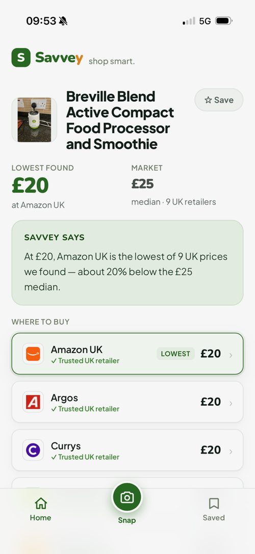 Savvey snap result — Breville Blend Active food processor, lowest £20