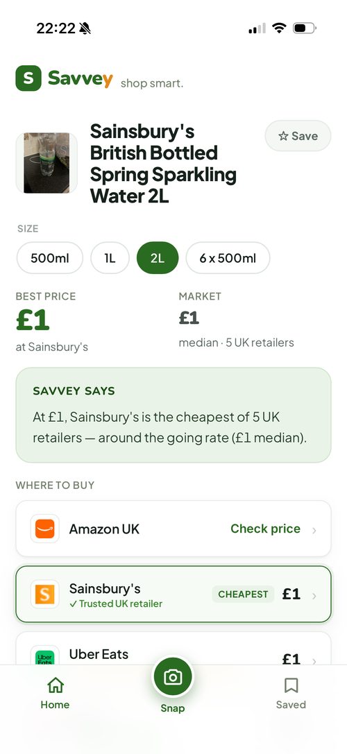 Savvey snap result — Sainsbury's sparkling water 2L, £1